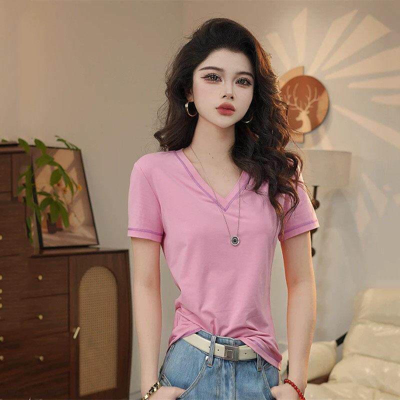 阿玛施女装正品商场同款2026夏季V领显瘦基础缝线短袖t恤5301024
