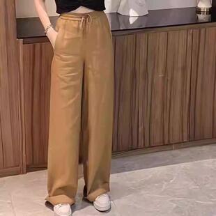阿玛施女装2026夏装新款松紧腰亚麻阔腿直筒裤长裤女5100552