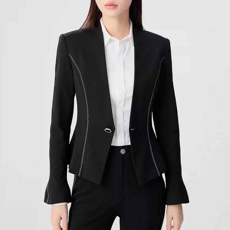 阿玛施黑色V领明线西装女