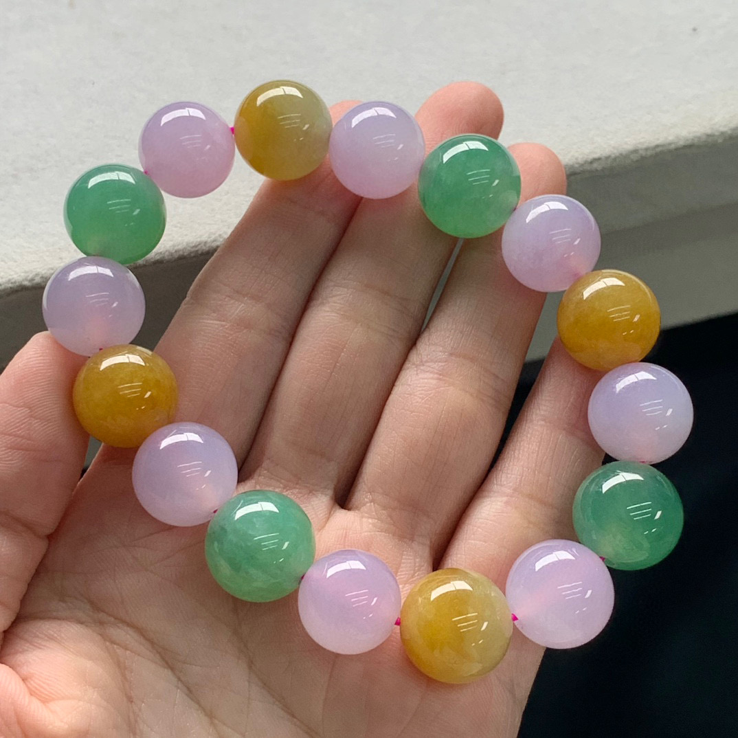 天然A货缅甸翡翠 彩色手串 尺寸 : 13.2 / 13.8 6颗