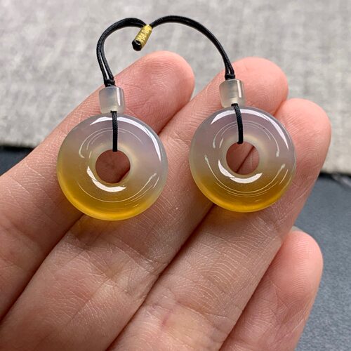 天然A货缅甸翡翠 黄翡甜甜圈一对 尺寸 : 16.6-3.5