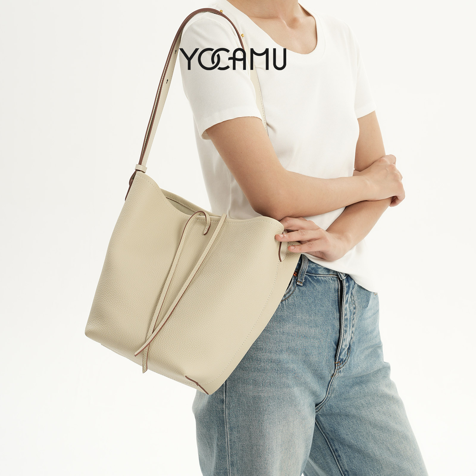 YOCAMU头层牛皮大容量水桶包包女