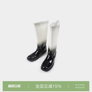 黑白渐变黑灰豹纹超纤漆皮圆头高筒靴女 superr