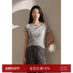 superr 重磅高品质莱赛尔打结白色斜领收口袖短袖T恤女2026新款