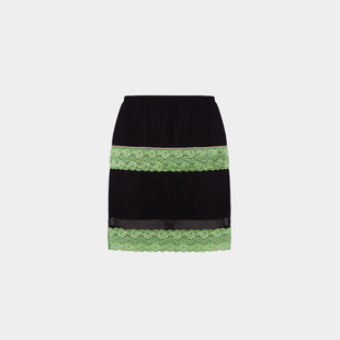 饰细橡筋腰弹力网纱直身高腰半裙 复古蕾丝彩钻装