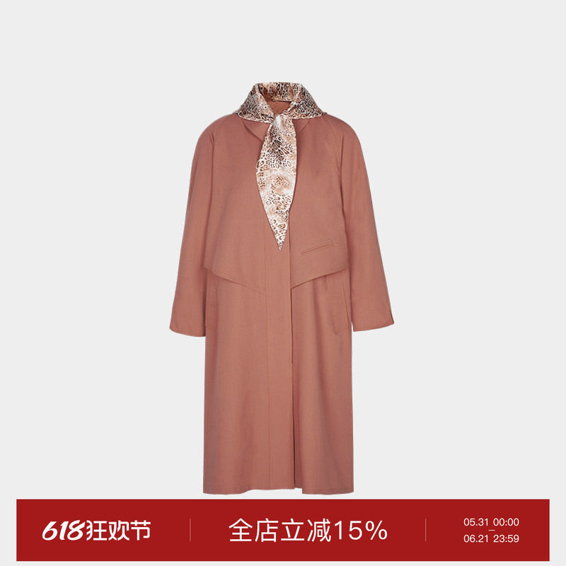 superr 砖粉色垫肩复古可拆卸豹纹系带帽中长款风衣女