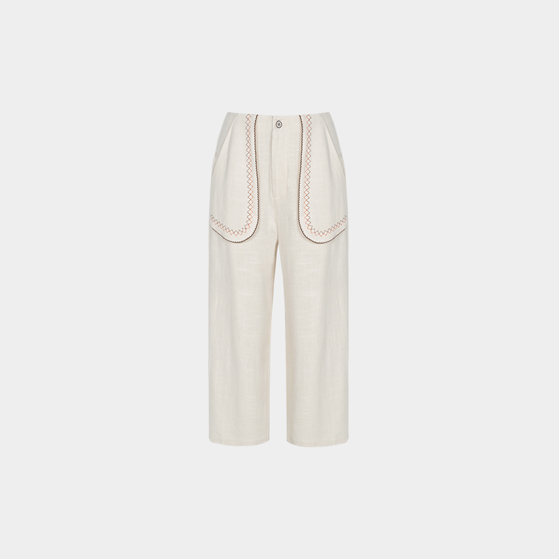 中性复古立体绣花口袋宽松九分长裤度假感