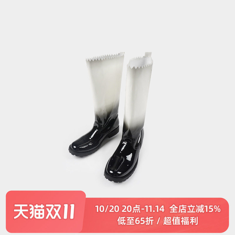 superr  黑白渐变黑灰豹纹超纤漆皮圆头高筒靴女
