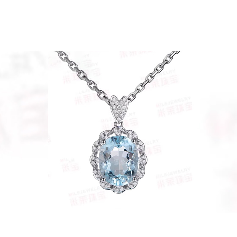 米莱珠宝 4.85克拉3A天然海蓝宝石项链18K金镶嵌钻石吊坠彩宝定制