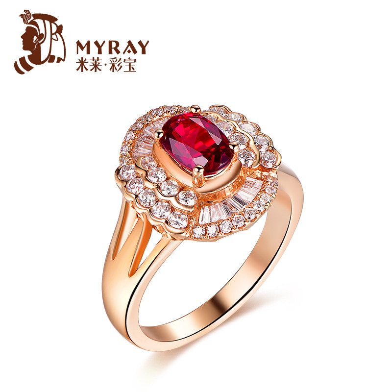 米莱珠宝1.3克拉天然鸽血红红宝石戒指女18k金镶嵌钻戒指彩宝定制