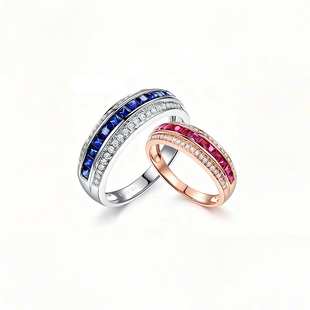 钻戒定制 18K金镶嵌情侣款 米莱珠宝天然红宝石蓝宝石戒指 排戒