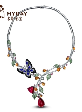 米莱珠宝28.99克拉天然鸽血红碧玺项链吊坠18k金钻镶嵌彩色宝石