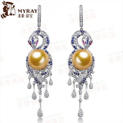 米莱珠宝 11mm南洋海水金珍珠耳钉 女18K金钻石珍珠耳饰定制