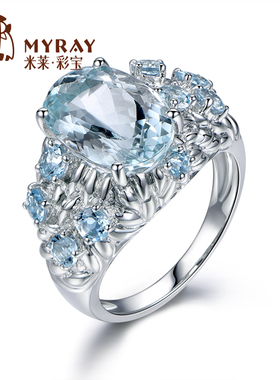 米莱珠宝 4.55克拉天然海蓝宝石戒指18K金镶嵌宝石彩色宝石定制