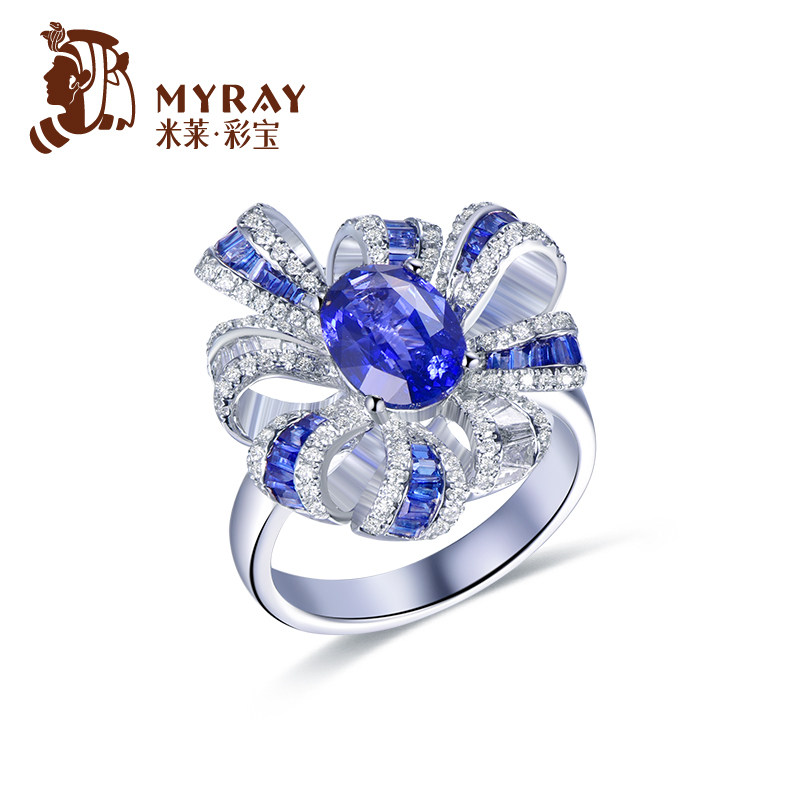 米莱珠宝天然3.68克拉蓝宝石戒指女18k金钻石镶嵌戒指彩宝现货