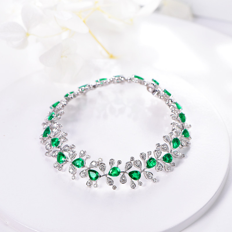 米莱珠宝 4.96克拉赞比亚祖母绿宝石手链 女 18k白金钻石彩宝定制