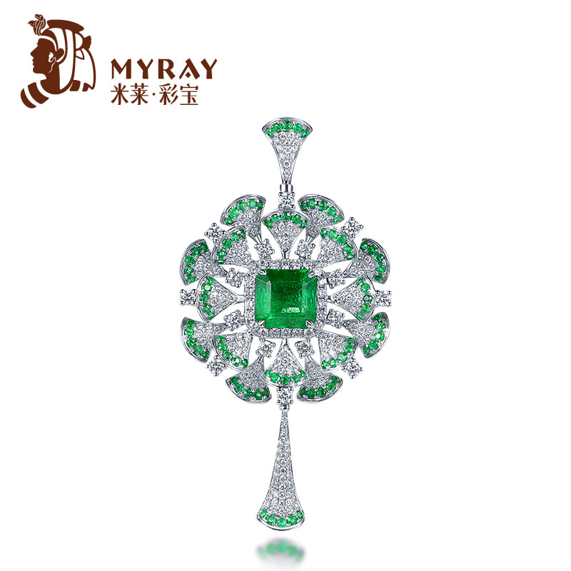 米莱珠宝天然祖母绿宝石吊坠女18K金群镶嵌钻石胸针首饰彩宝定制