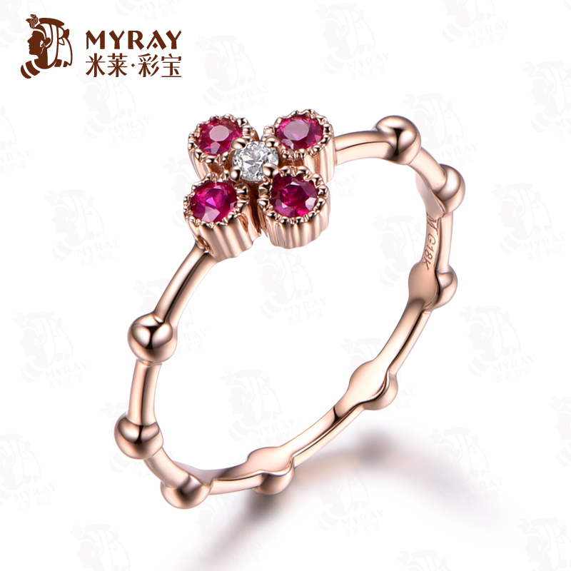 米莱彩宝 天然红宝石戒指 18K金镶嵌钻石戒指 宝石女戒定制加工