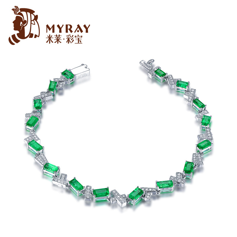 米莱珠宝天然祖母绿宝石手链女18K金镶嵌钻石手链子 首饰彩宝定制