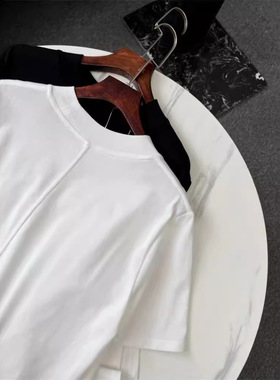 极简R0W家招牌滑爽水柔纯棉圆领后中拼接短袖正肩白T恤女半高领