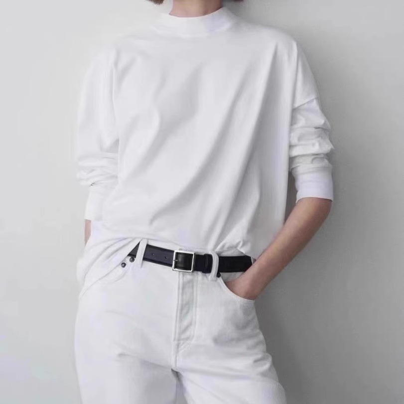 row风极简百搭长袖T恤打底衫法式后中缝 春季白色高支匹马棉圆领