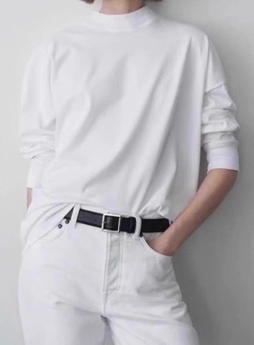 row风极简百搭长袖T恤打底衫法式后中缝 春季白色高支匹马棉圆领