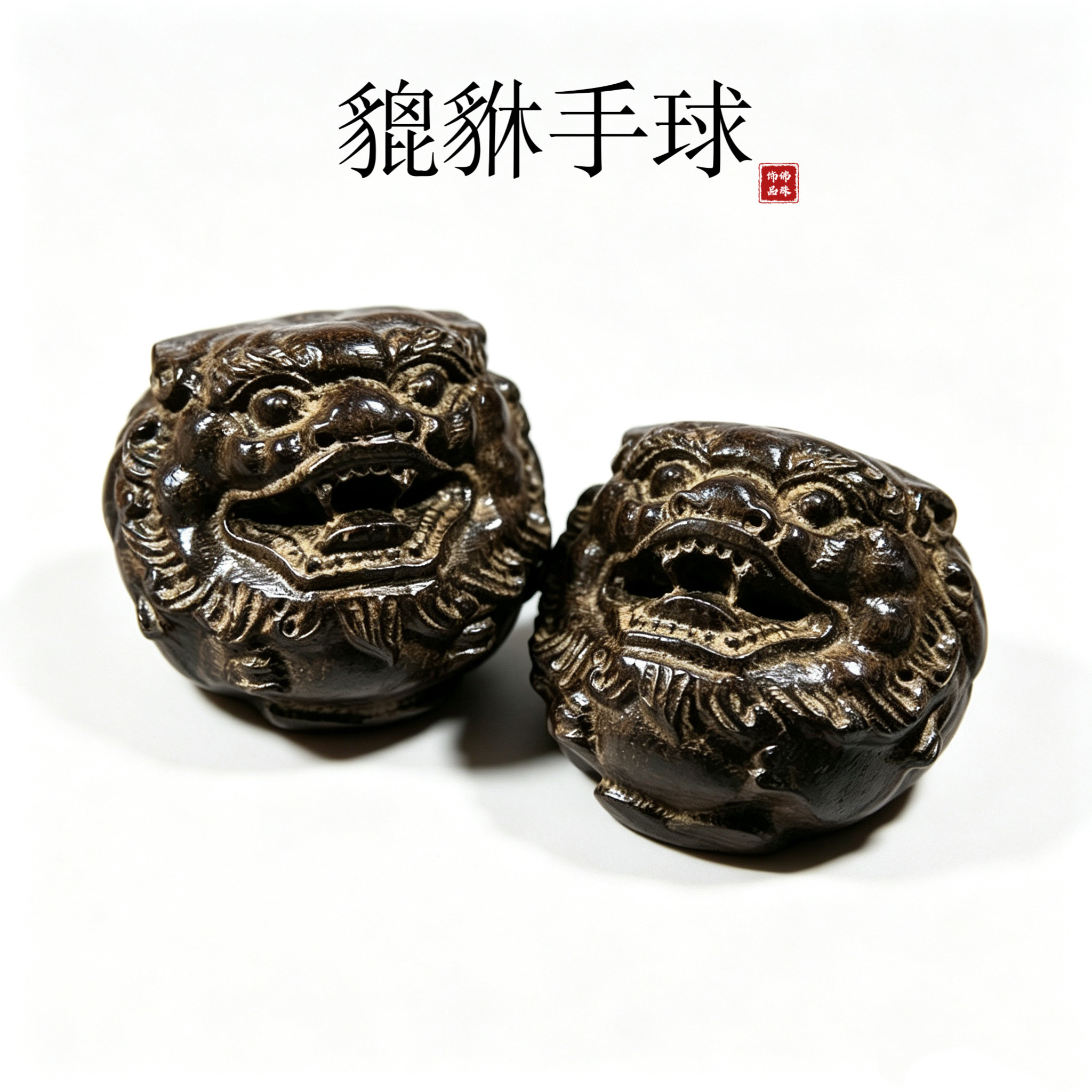 木质健身手球木雕手把件文玩核桃木质手玩球貔貅手球一对45mm
