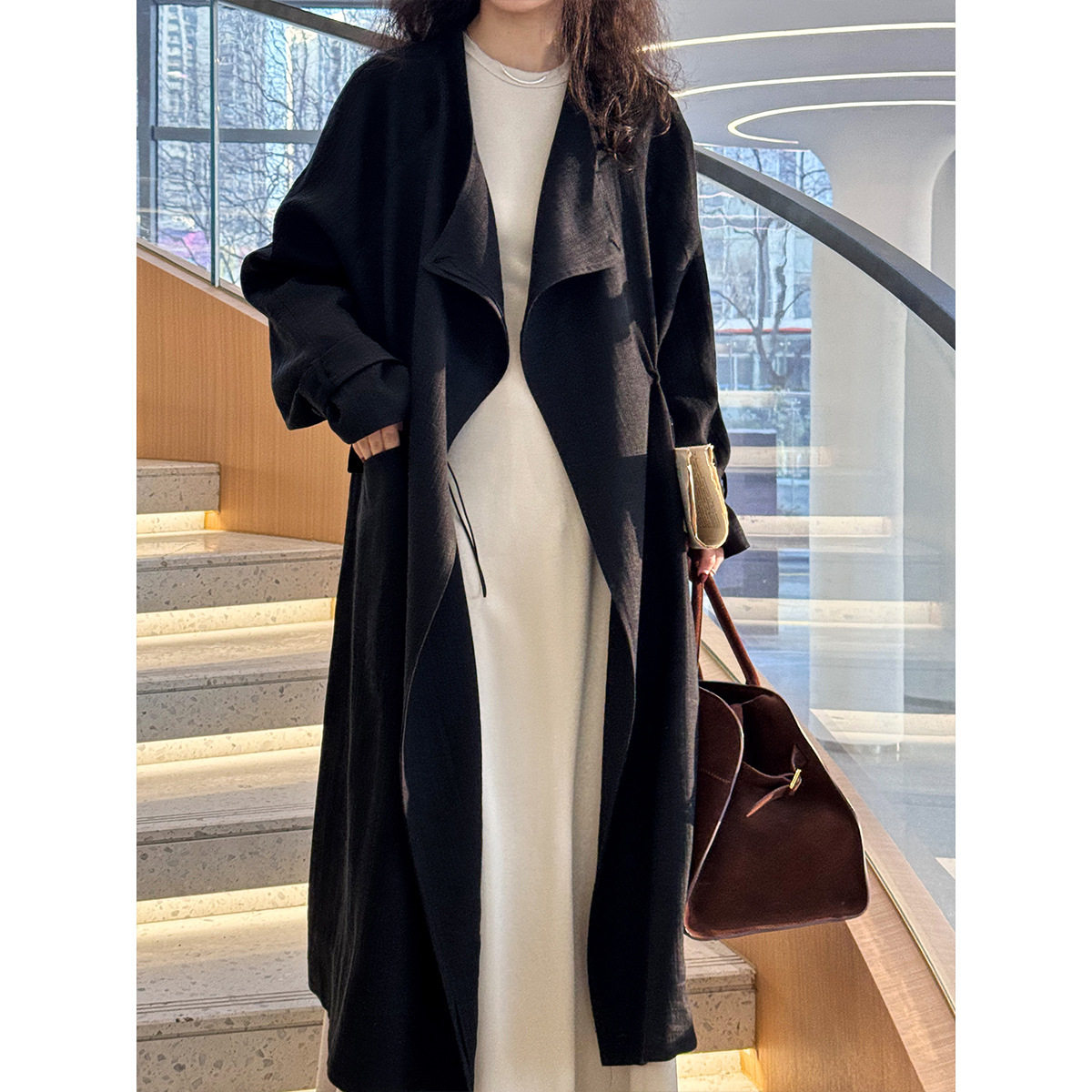 NS新中式抽绳过膝风衣女中长款2025春季新款国风棉麻风衣外套
