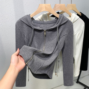 连帽卫衣开衫女2025春季新款双拉链薄款外套女时尚韩版灰色上衣潮