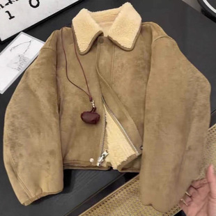 皮毛一体麂皮羊羔毛外套女2025秋冬季新款小个子复古高级感羊羔绒