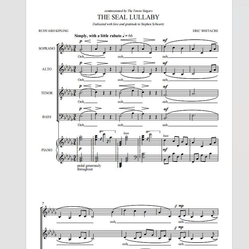 The Seal Lullaby 海豹摇篮曲另售 二三四声部合唱简谱钢琴伴奏谱