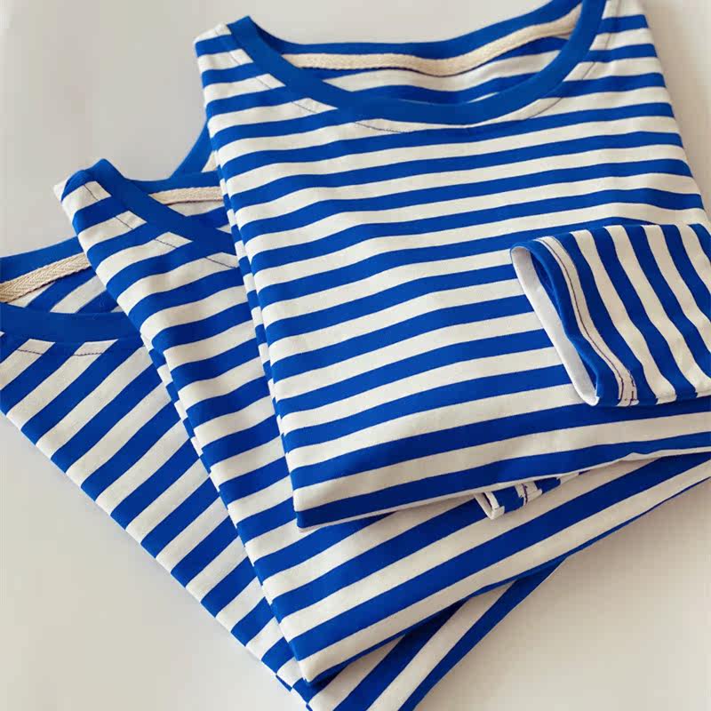 全棉海魂衫圆领修身蓝白条纹打底