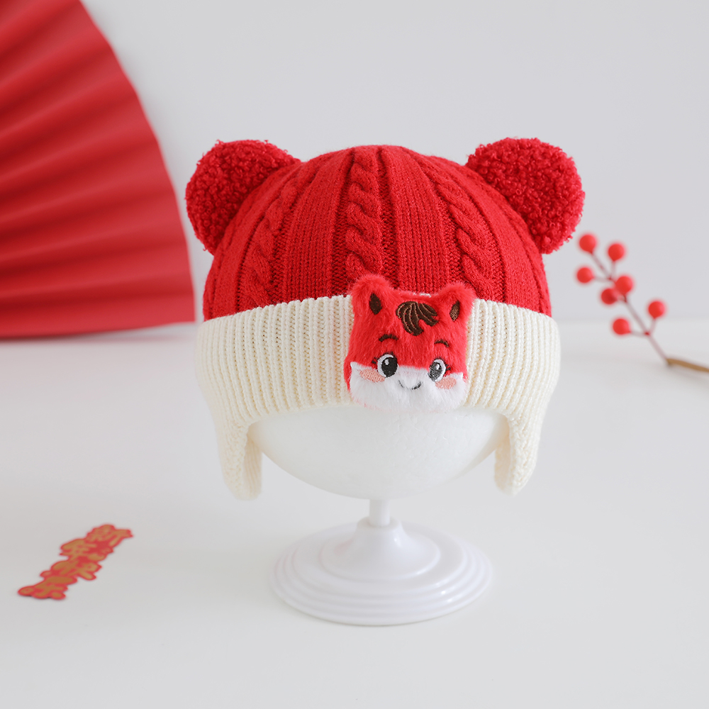 新年红婴幼儿保暖帽子冬季宝宝护耳帽过年喜庆红色婴儿针织毛线帽