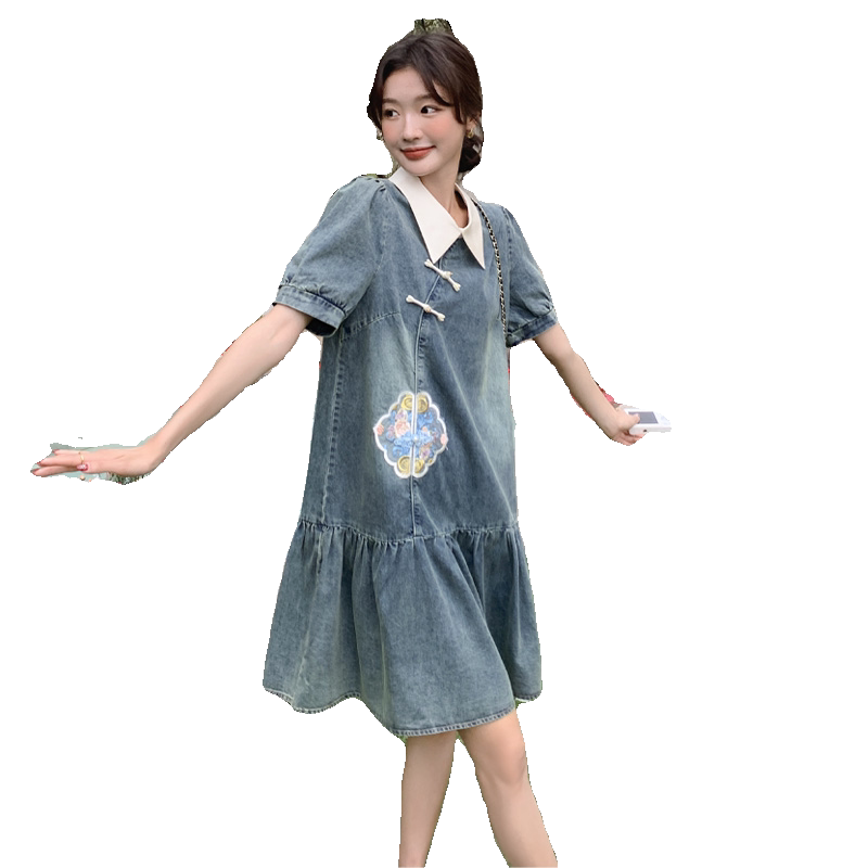 独特绝美泡泡袖polo领牛仔连衣裙女夏新款超好看高级松弛感鱼尾裙,女装连衣裙,浙宝212A