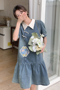 独特绝美泡泡袖polo领牛仔连衣裙女夏新款超好看高级松弛感鱼尾裙图片
