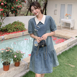 独特绝美泡泡袖polo领牛仔连衣裙女夏新款超好看高级松弛感鱼尾裙图片