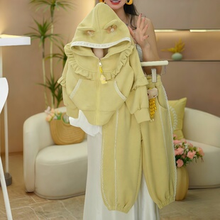 女童猫耳朵花边套装2025新款春秋韩版洋气中大童连帽时髦两件套