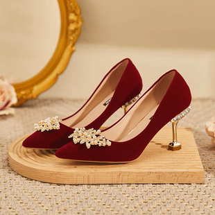 优雅高级感气质订婚回门结婚高跟鞋 红色中式 婚鞋 细跟不累脚秀禾鞋