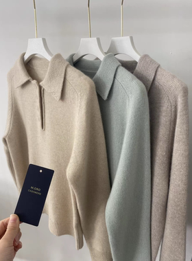 Moro A类！双股加厚100纯山羊绒Polo领三粒扣翻领直筒软糯减龄