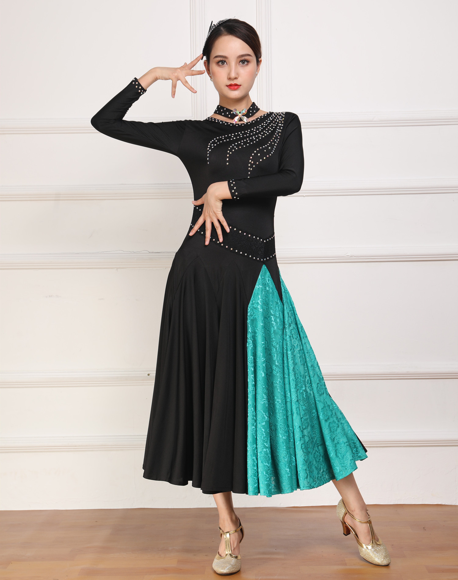 摩登舞舞连衣裙镶钻交谊舞舞蹈裙广场舞大摆长裙华尔兹大众舞女