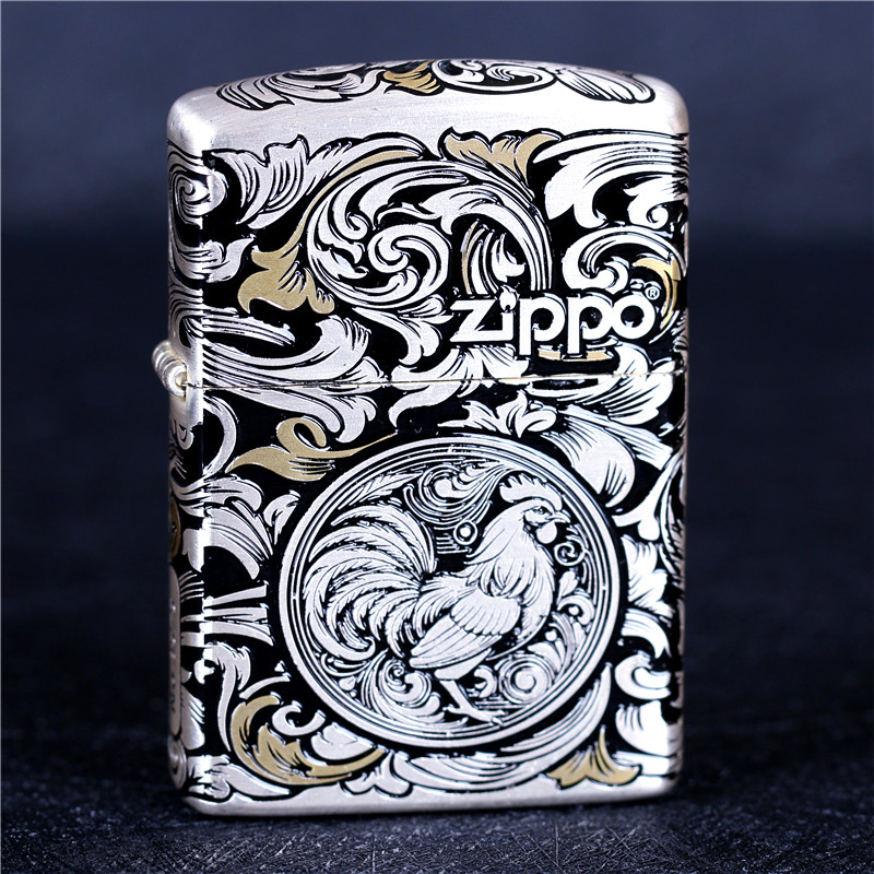 zippo芝宝煤油防风打火机 错金银五面雕刻盔甲机唐草 生肖鸡 男士