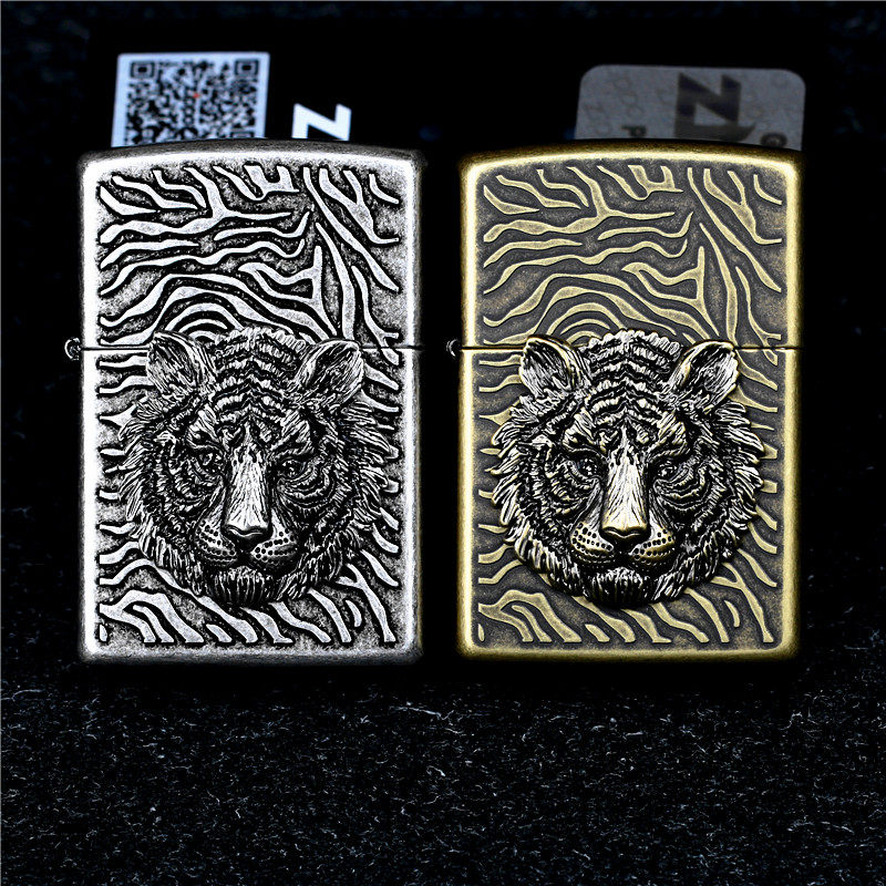 正品zippo芝宝防风打火机 原装虎头三面虎古银古铜生肖老虎纹雕刻
