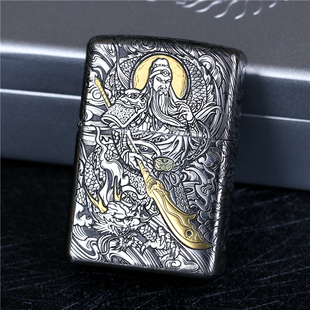 zippo芝宝煤油防风打火机 错金银五面雕刻 关羽钢套铠甲机 限量版