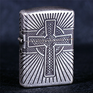 zippo芝宝煤油防风打火机美版原装盔甲机雕刻古银十字架 男士礼物