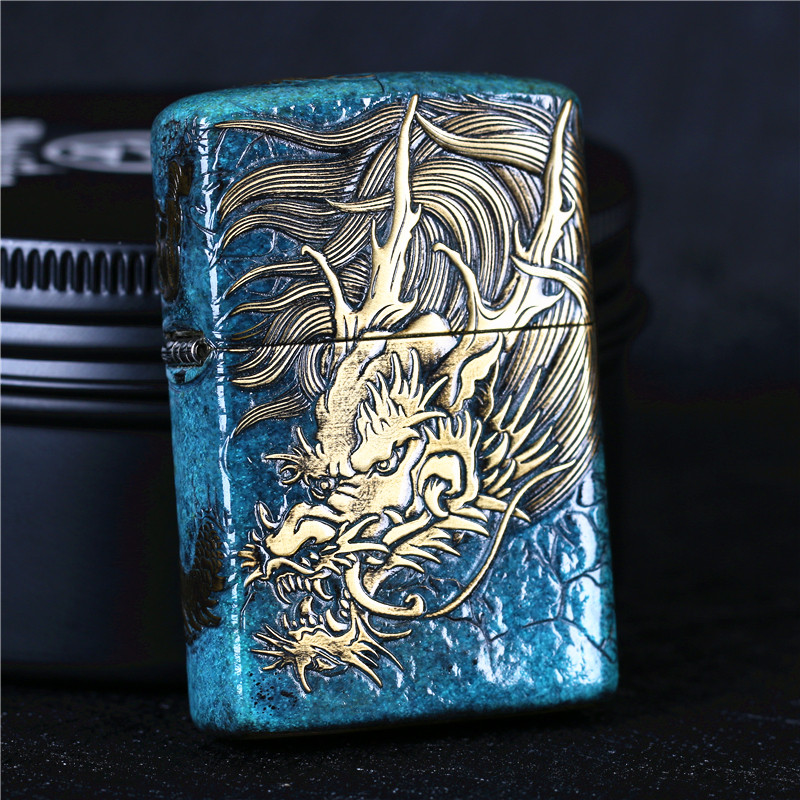 zippo芝宝煤油防风打火机重盔甲铠甲机仿青铜浮雕刻做旧 破壁苍龙