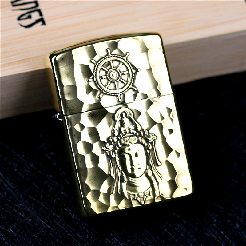 zippo芝宝煤油防风打火机 纯铜盔甲机双面雕刻 蚊版 观音菩萨鲤鱼