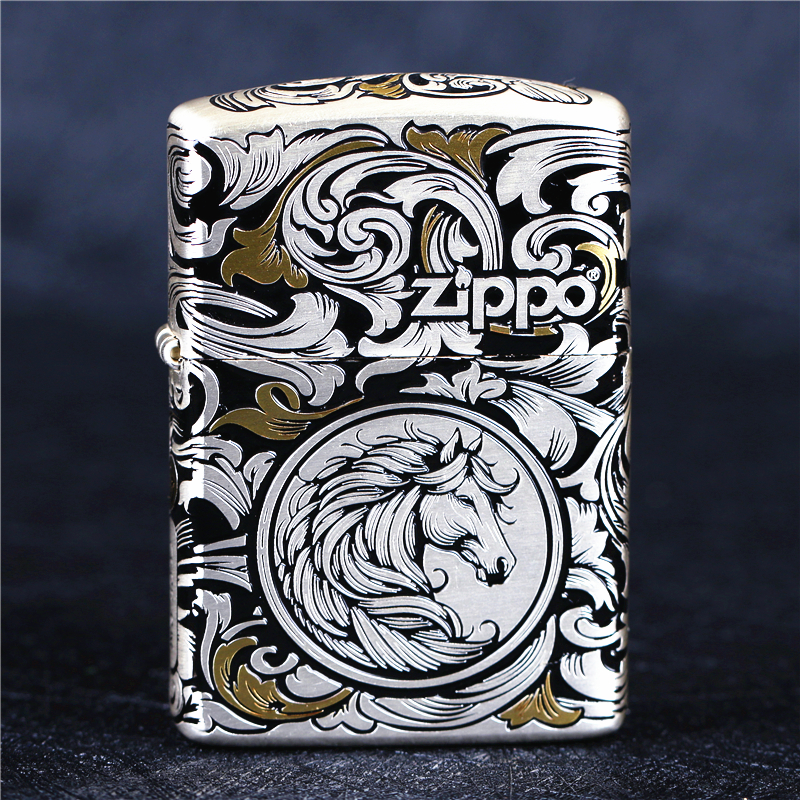 zippo芝宝煤油防风打火机 错金银五面雕刻盔甲机唐草 生肖马 男士