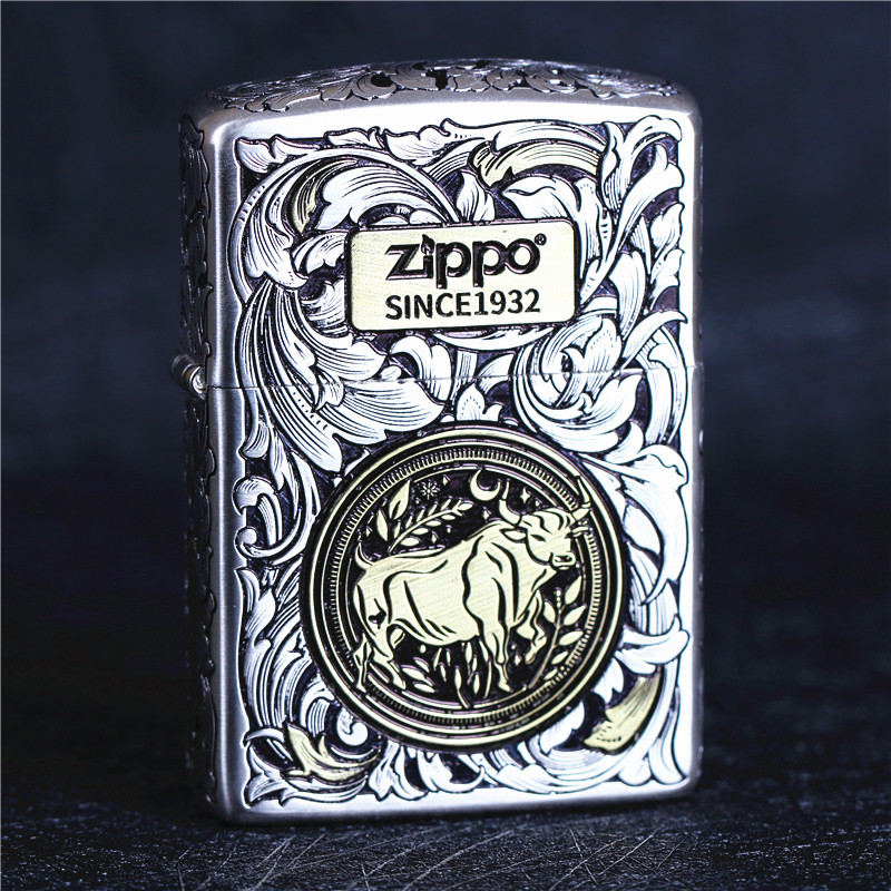 zippo芝宝煤油防风打火机错金银五面雕刻盔甲机唐草 生肖牛限量版