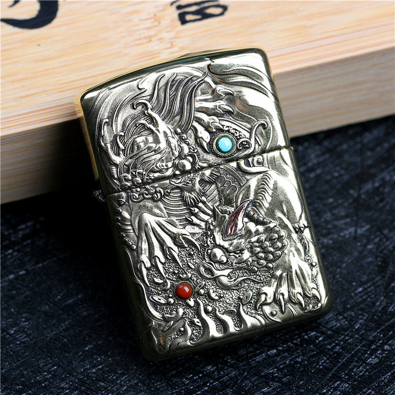 zippo芝宝煤油防风打火机 蚊版纯铜盔甲机双面雕刻 雄雌貔貅 男士