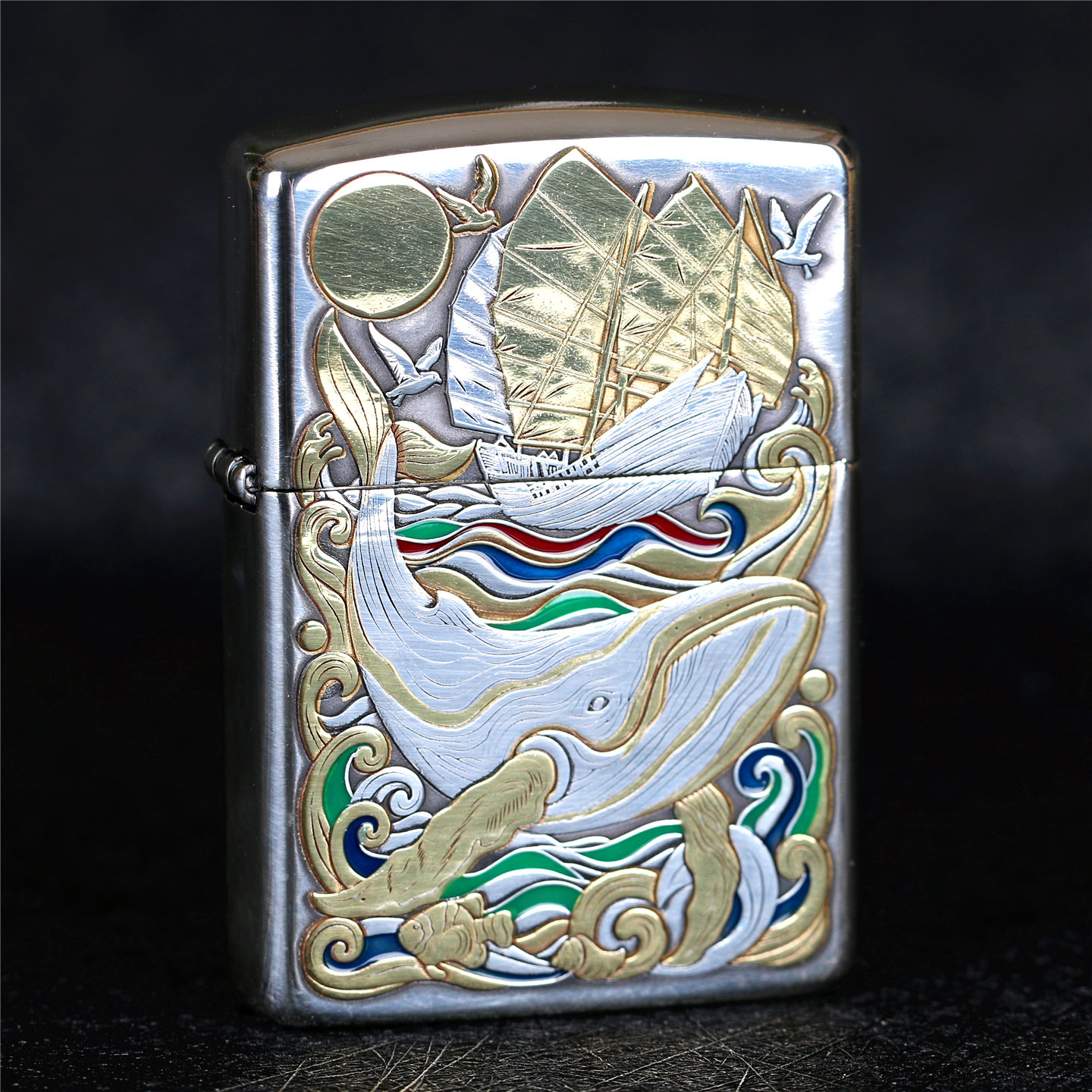 zippo芝宝煤油防风打火机镀银盔甲机蝎子雕刻鲸鱼 鲲鹏万里珐琅彩